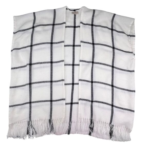 The Loft Shawl One Size Grid Pattern Plaid Soft Knit Open Front Boho Fringe Wrap - Picture 5 of 8